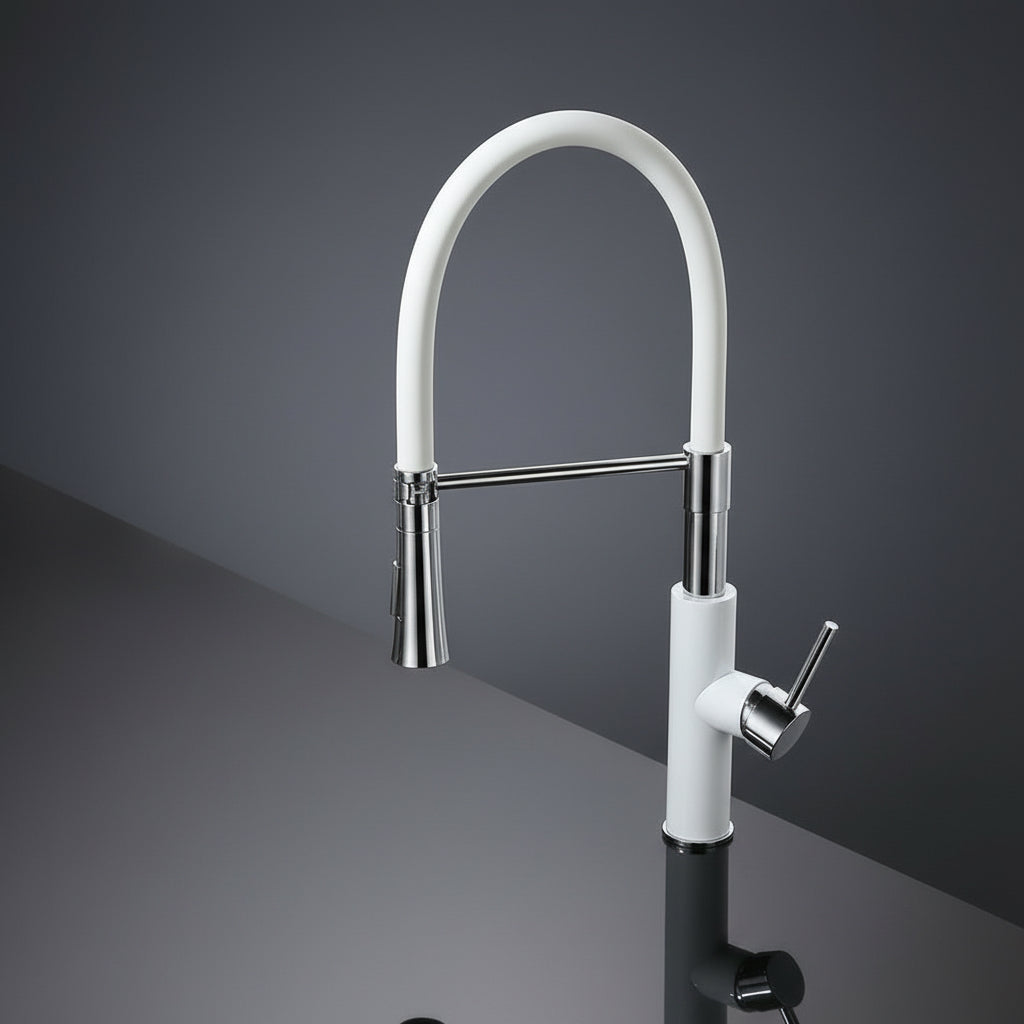 Pull-Down Spray Kitchen Faucet — White & Chrome