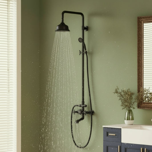 Exposed Rainfall Shower System with Handheld — Antique Black Vintage Design