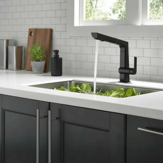 Pull-Out Single-Handle Kitchen Faucet with Accessories – Modern Geometric Design