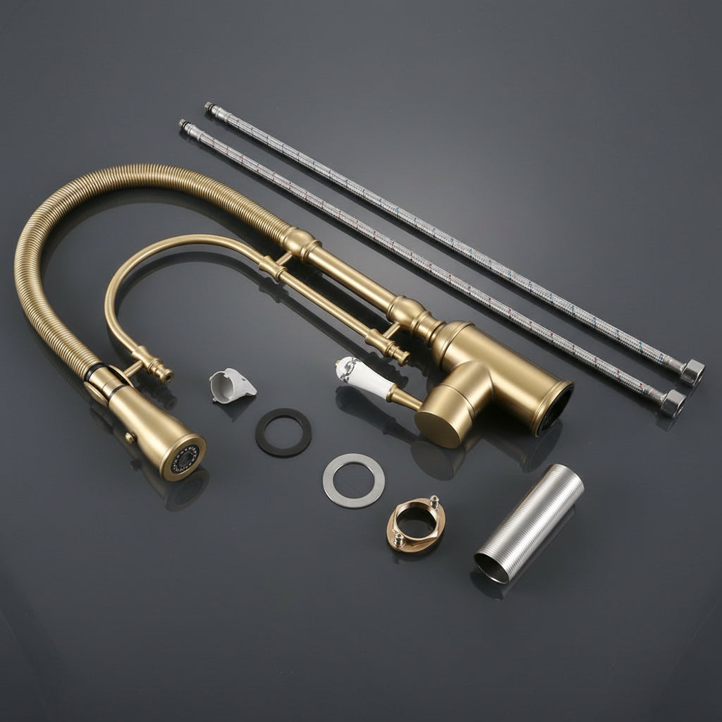 High-Arc Dual-Mode Pull-Down Kitchen Faucet with Porcelain Handle