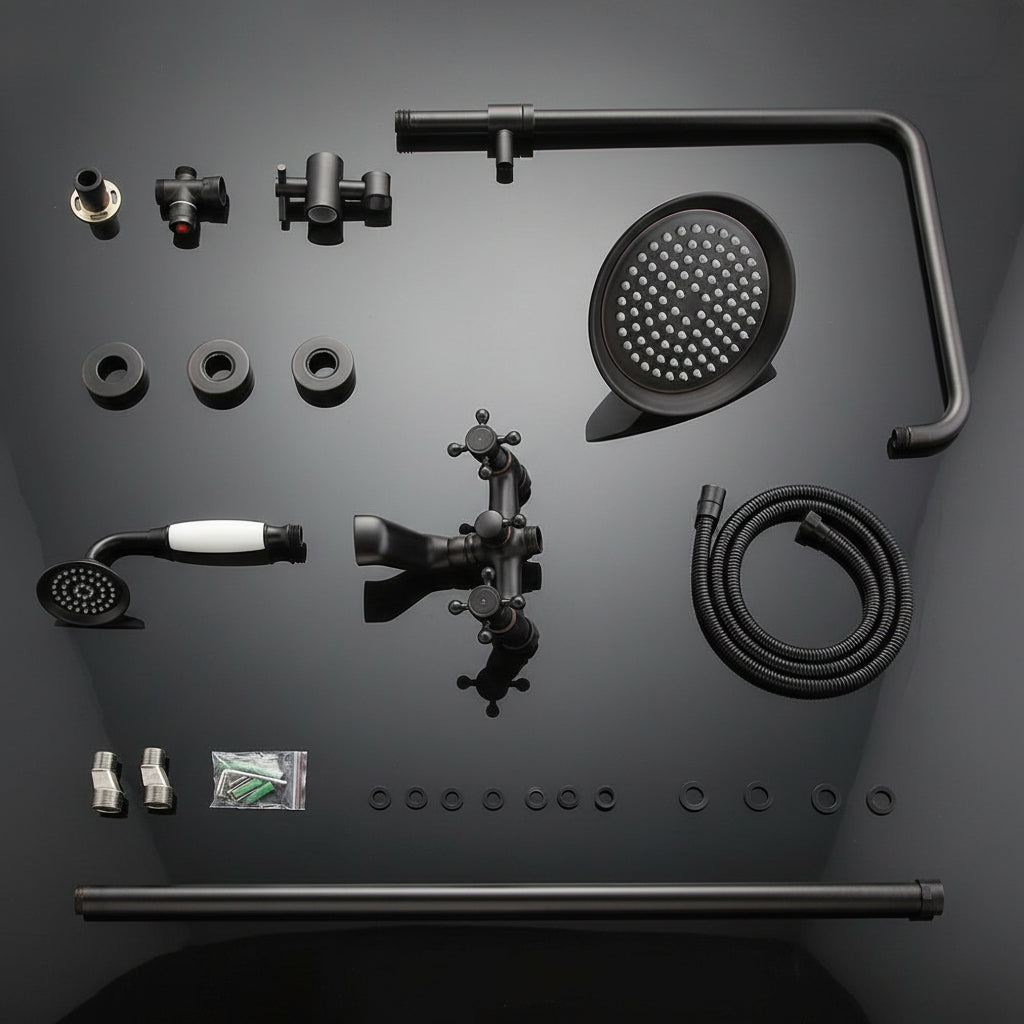 Exposed Rainfall Shower System with Handheld — Antique Black Vintage Design