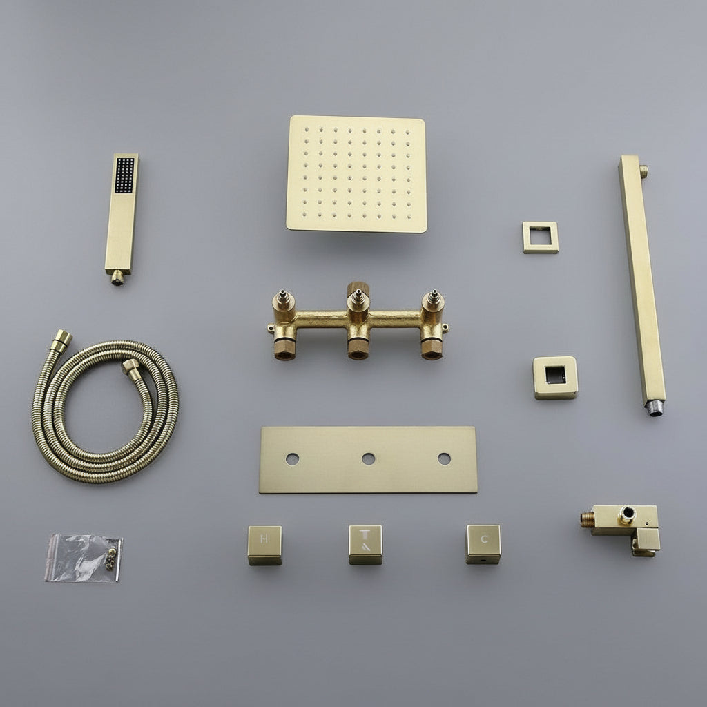 Wall-Mounted Square Rain Shower System — Brushed Gold Brass