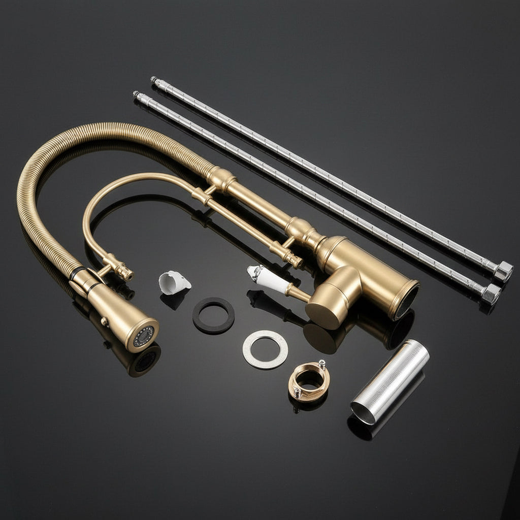Brass Pull-Out Kitchen Faucet – Single Handle High Arc Design