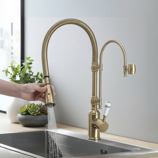 Brass Pull-Out Kitchen Faucet – Single Handle High Arc Design