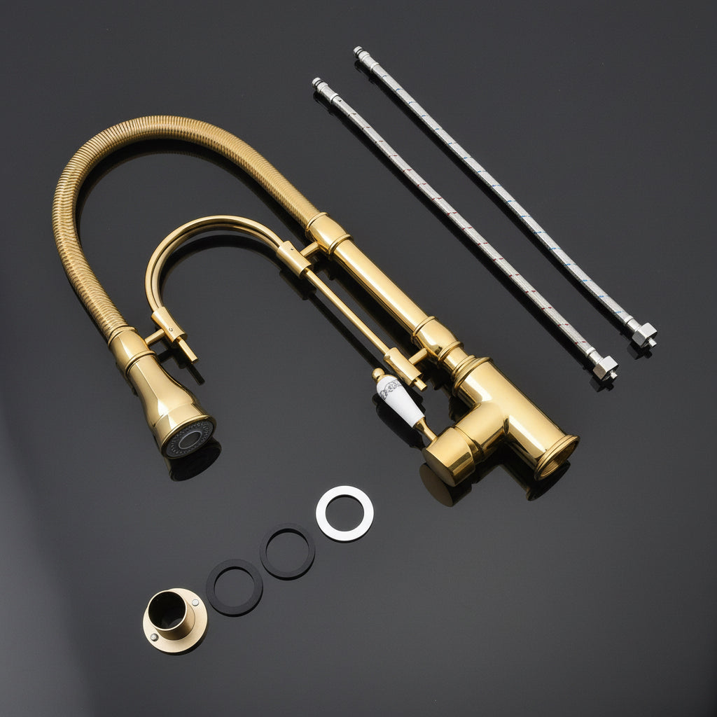 Solid Brass Kitchen Faucet with Pull-Out Spout – Swivel High Arc Design