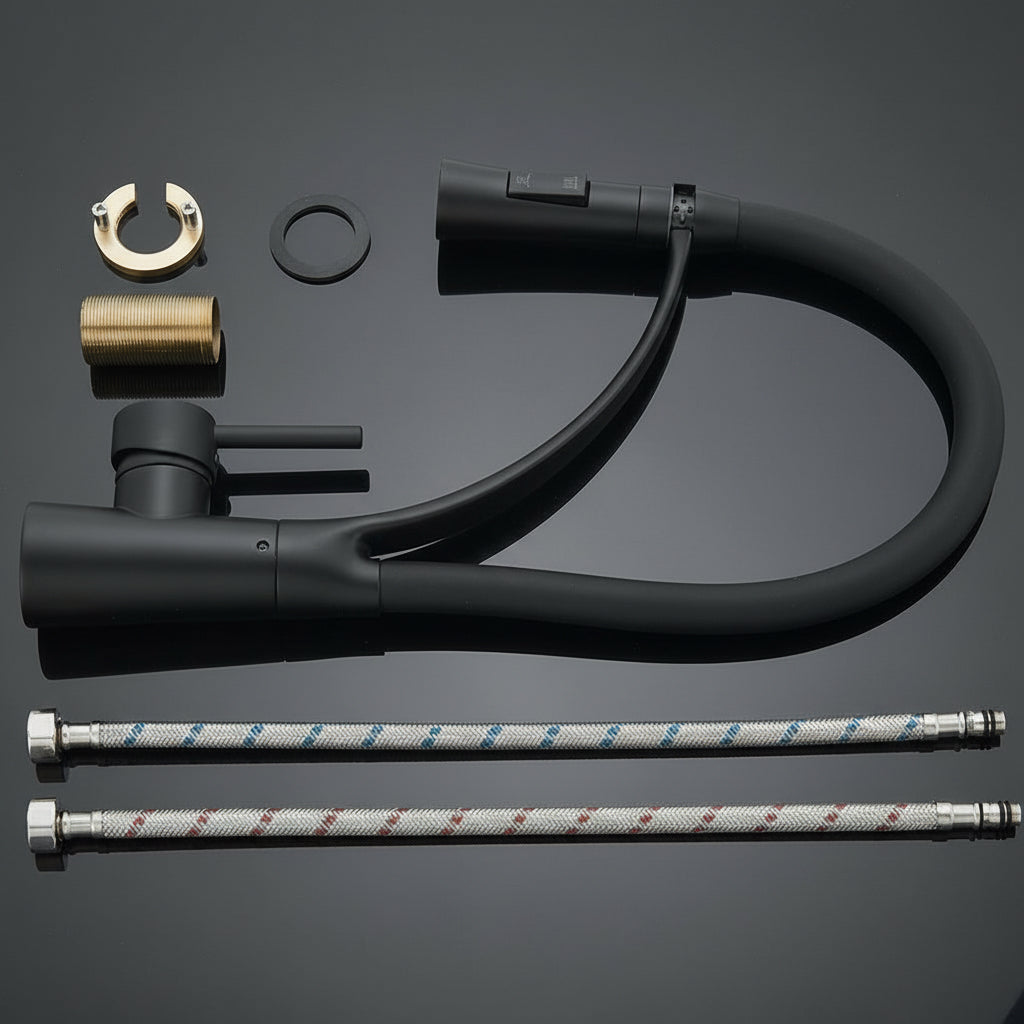 Matte Black Flexible Kitchen Faucet – Pull-Out High Arc Spring Design