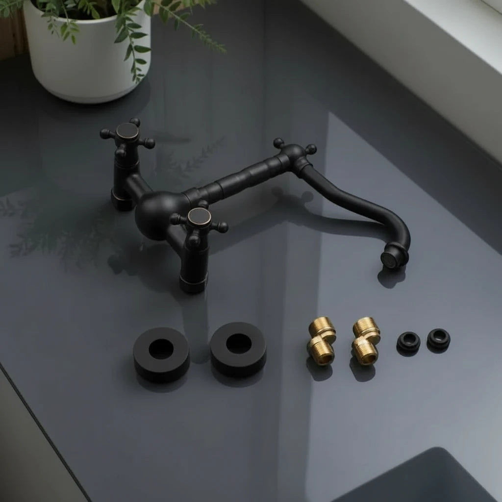 Wall-Mounted Black Bronze Kitchen Faucet – Single Handle Swivel Spout