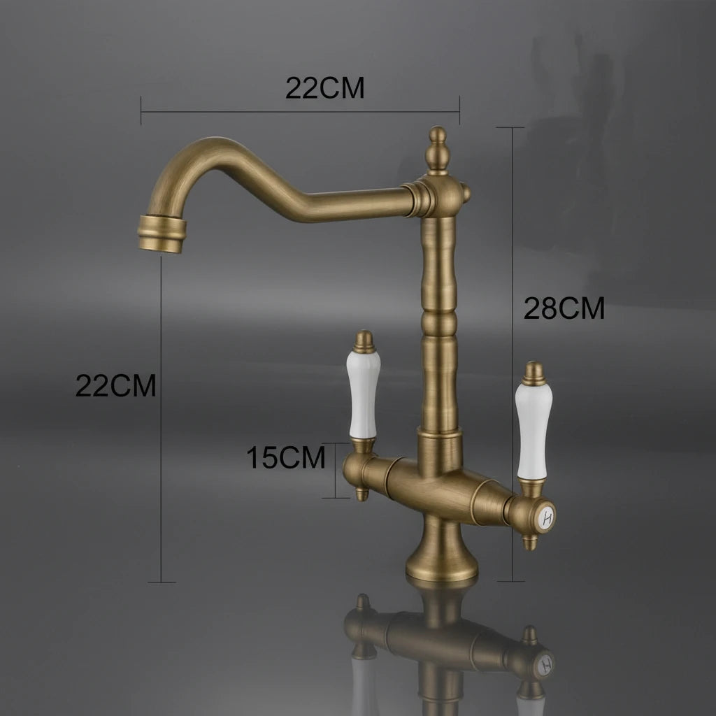 Antique Brass Dual-Handle Kitchen Faucet – Vintage Bridge Design