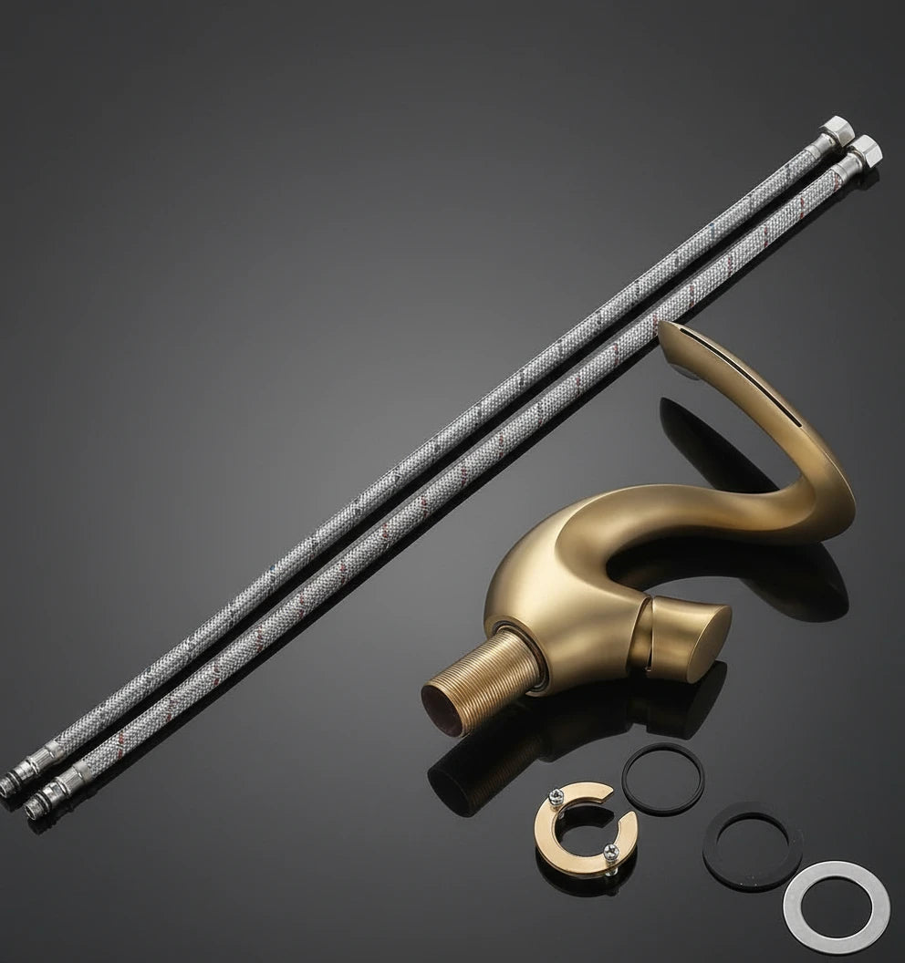 Brushed Gold Waterfall Bathroom Faucet, Single Handle Brass Mixer