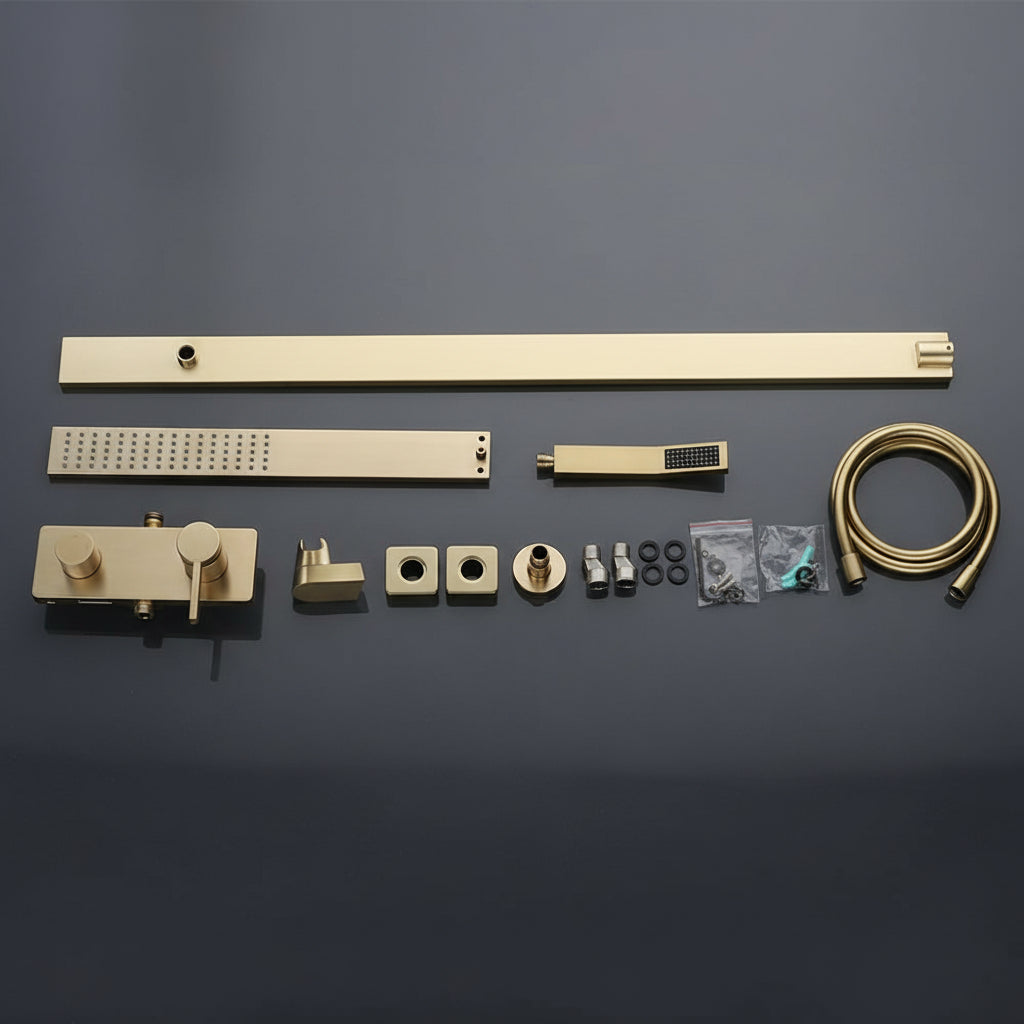 Exposed Rain Shower Set with Hand Shower — Brushed Gold Brass
