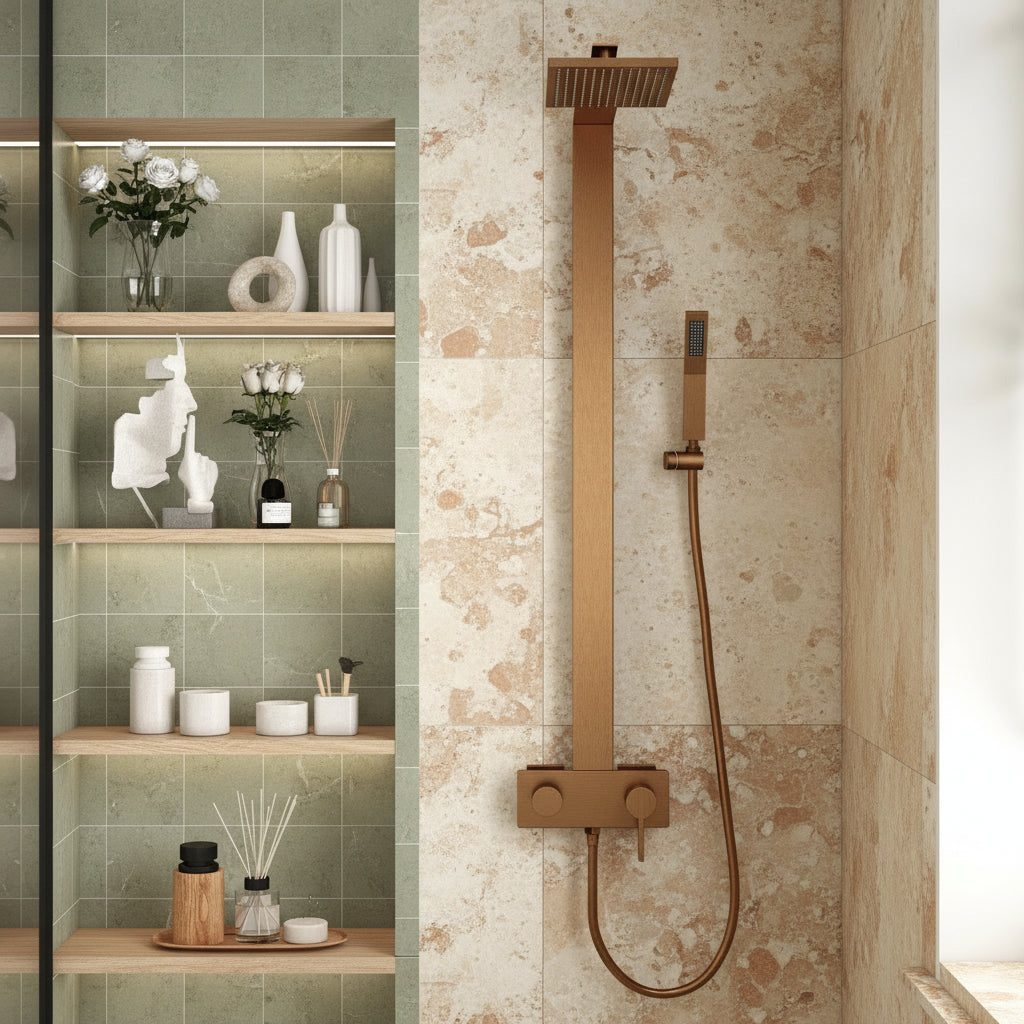 Exposed Rain Shower Set with Hand Shower — Brushed Gold Brass