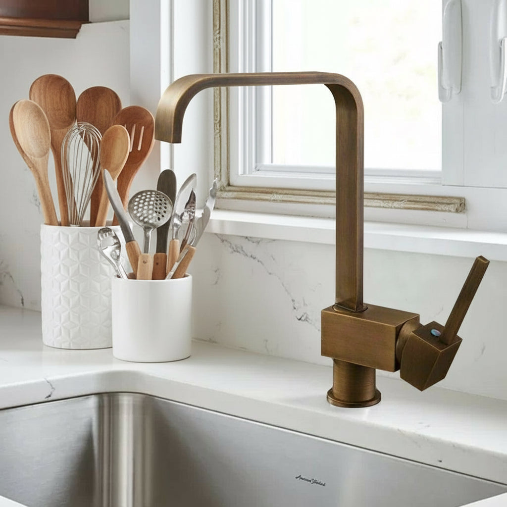 Relia Square Single-Handle 1-Hole Kitchen Faucet — Antique Brass