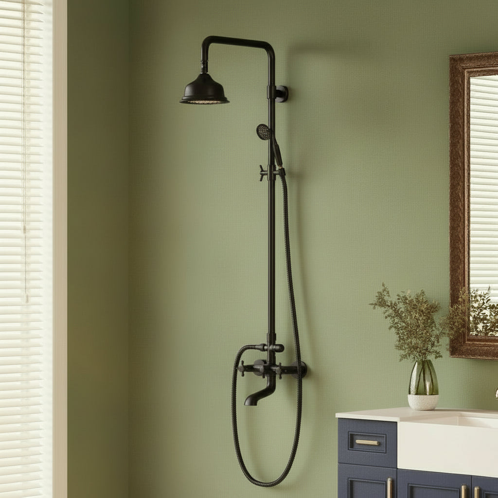 Exposed Rainfall Shower System with Handheld — Antique Black Vintage Design