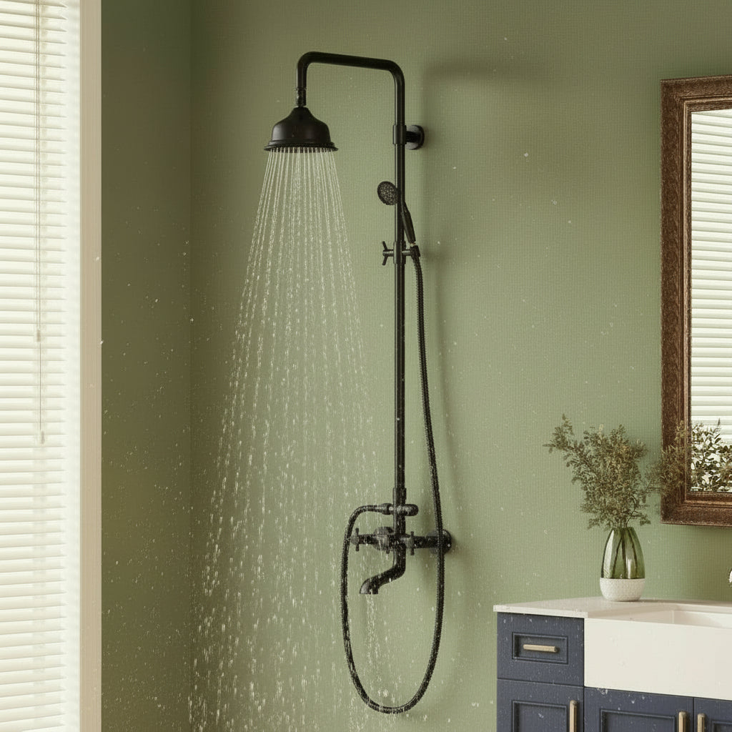 Exposed Rainfall Shower System with Handheld — Antique Black Vintage Design