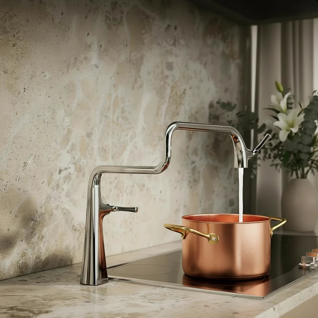 Deck-Mounted Pot Filler Faucet – Dual-Arm High-Flow Modern Design