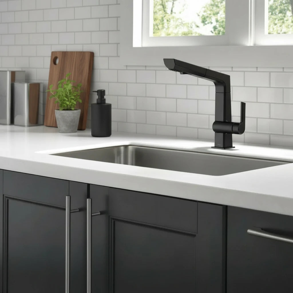 Pull-Out Single-Handle Kitchen Faucet with Accessories – Modern Geometric Design