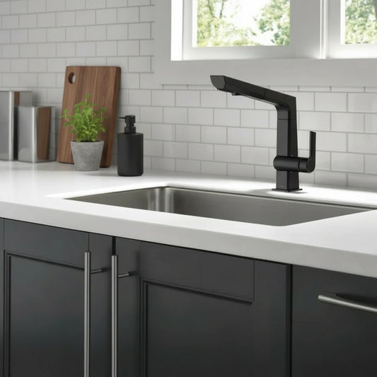 Pull-Out Single-Handle Kitchen Faucet with Accessories – Modern Geometric Design