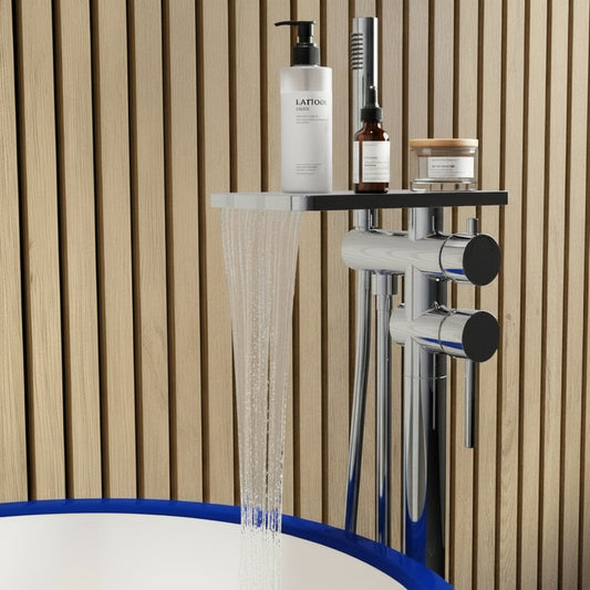 Chrome Freestanding Bath and Shower Mixer with Shelf