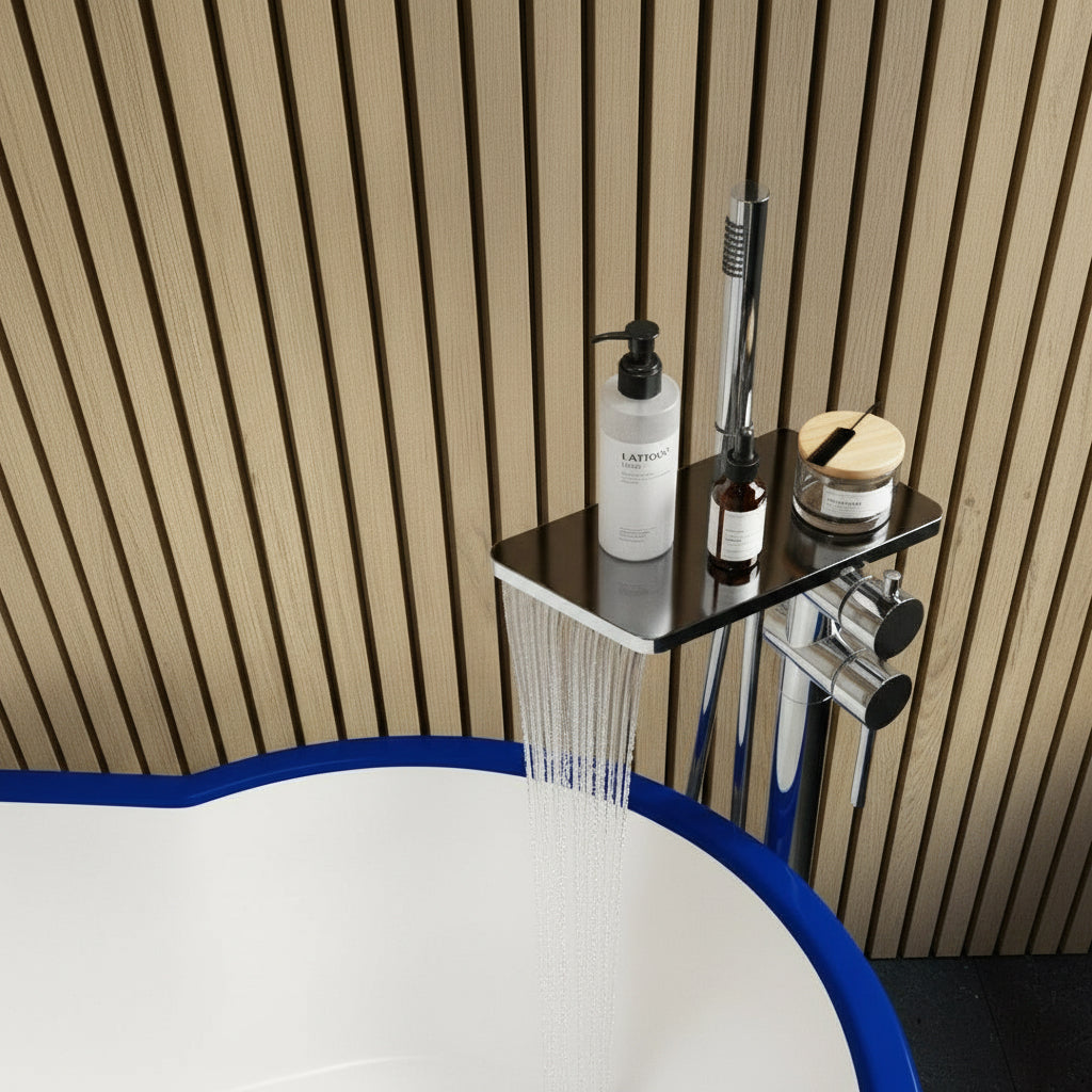 Chrome Freestanding Bath and Shower Mixer with Shelf