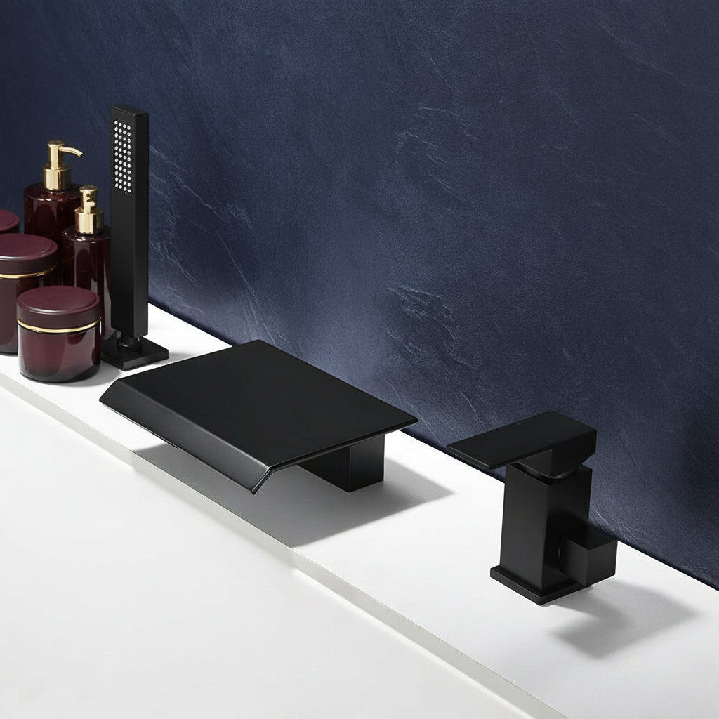 Waterfall Roman Bathtub Faucet with Handshower — Matte Black Brass