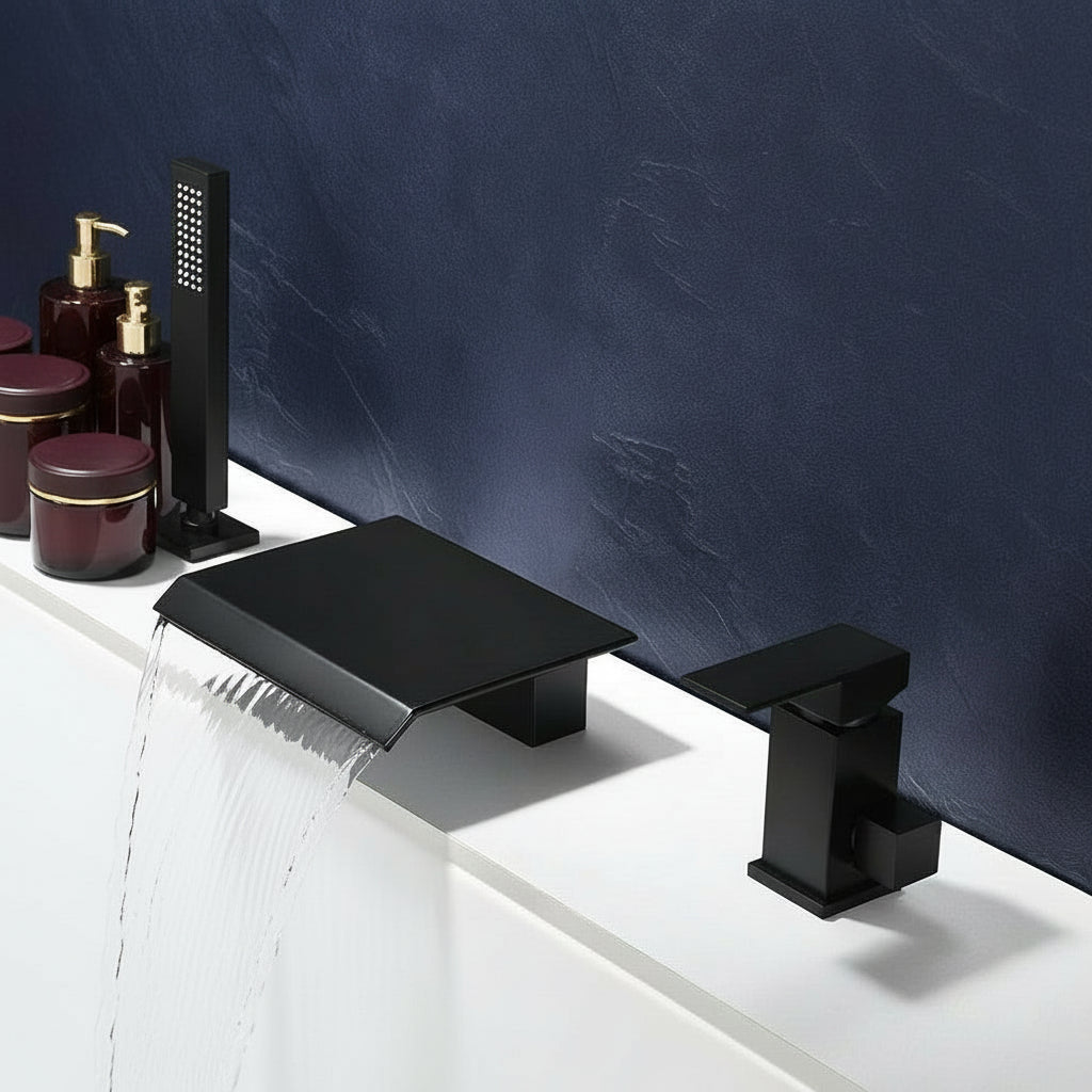 Waterfall Roman Bathtub Faucet with Handshower — Matte Black Brass