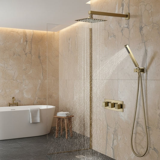 Wall-Mounted Square Rain Shower System — Brushed Gold Brass