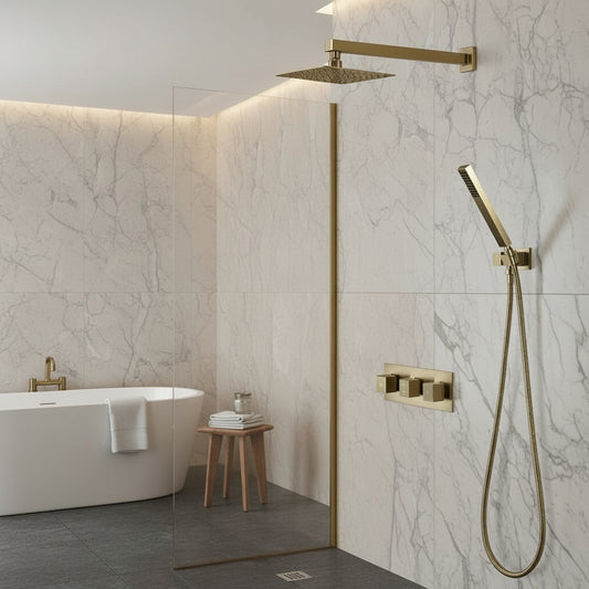 Wall-Mounted Square Rain Shower System — Brushed Gold Brass