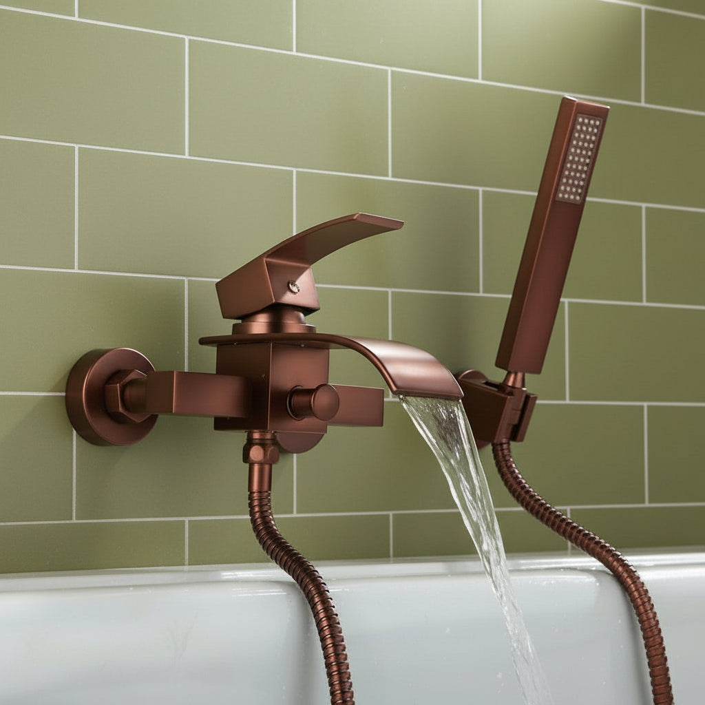 Oil Rubbed Bronze Wall-Mounted Waterfall Tub Filler with Hand Shower