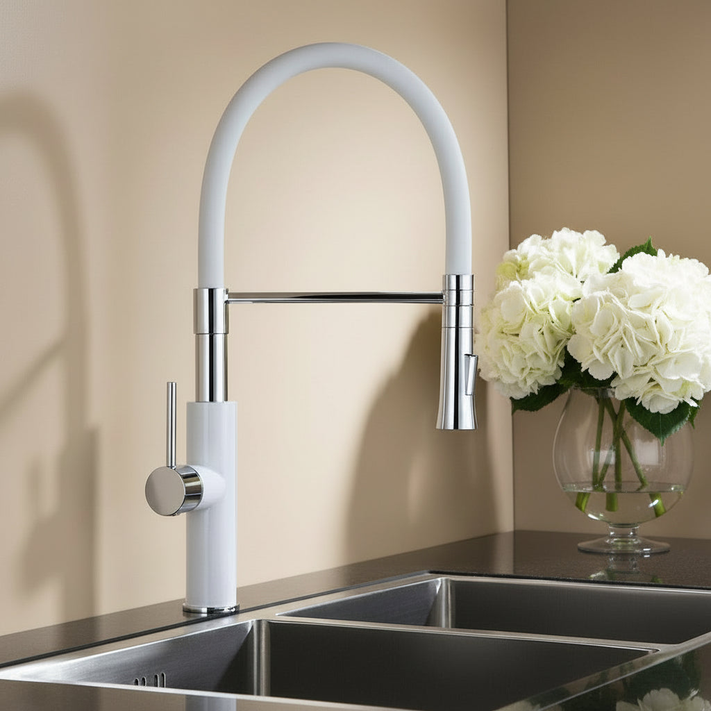 Pull-Down Spray Kitchen Faucet — White & Chrome