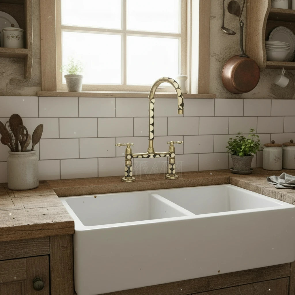 Brass Kitchen Faucet with Marble Handle – Swivel Spout Designer Style