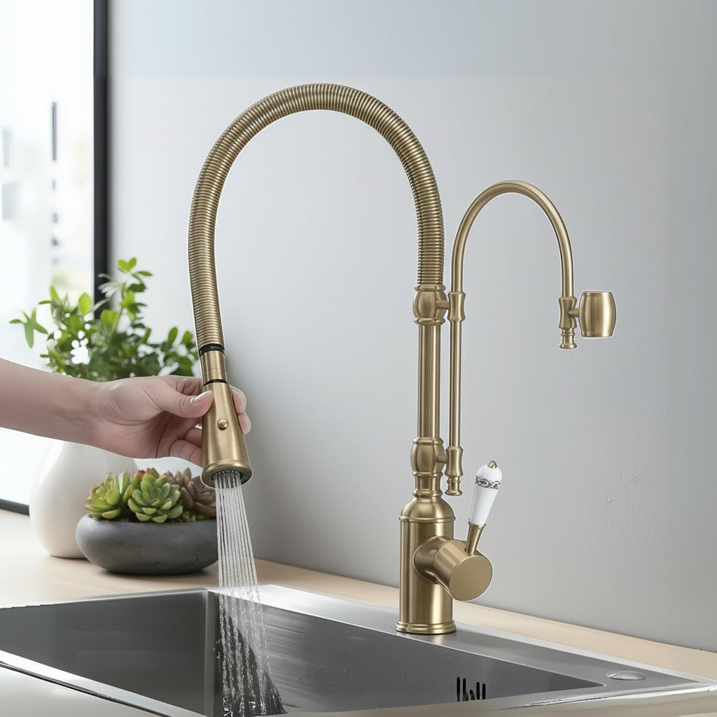 Brass Pull-Out Kitchen Faucet – Single Handle High Arc Design