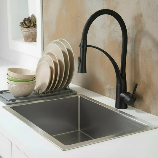 Matte Black Flexible Kitchen Faucet – Pull-Out High Arc Spring Design