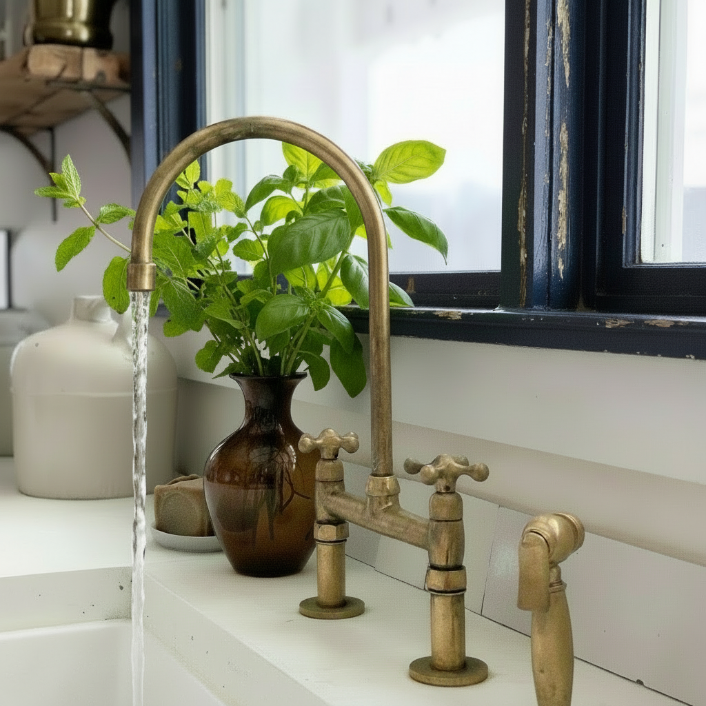 Unlacquered Brass Kitchen Faucet – Vintage Patina Finish