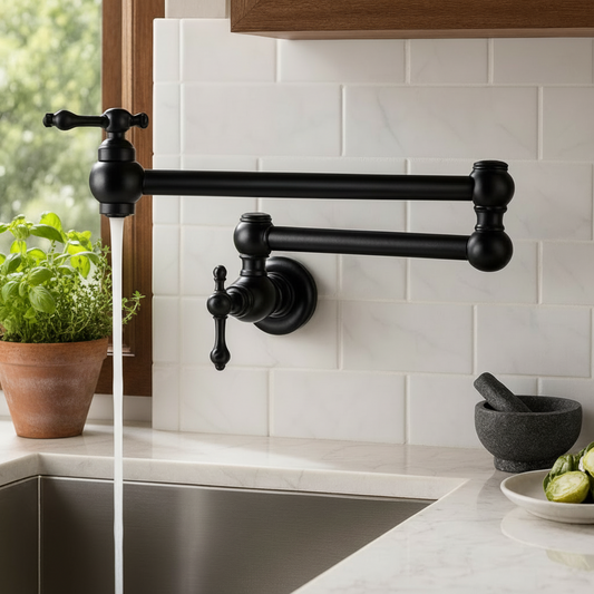 Wall-Mounted Pot Filler Faucet – Foldable Brass Double-Arm Design