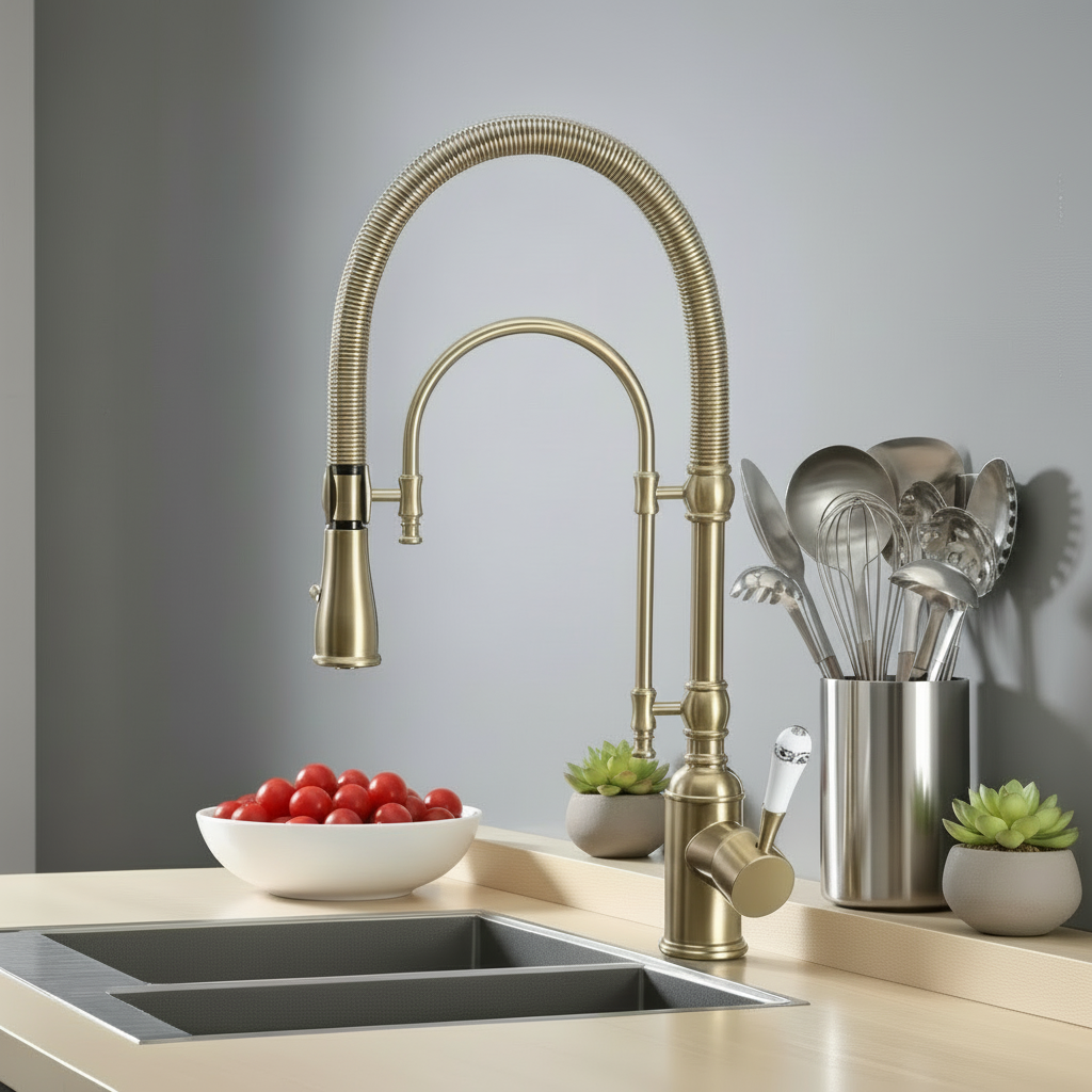 Brass Pull-Out Kitchen Faucet – Single Handle High Arc Design