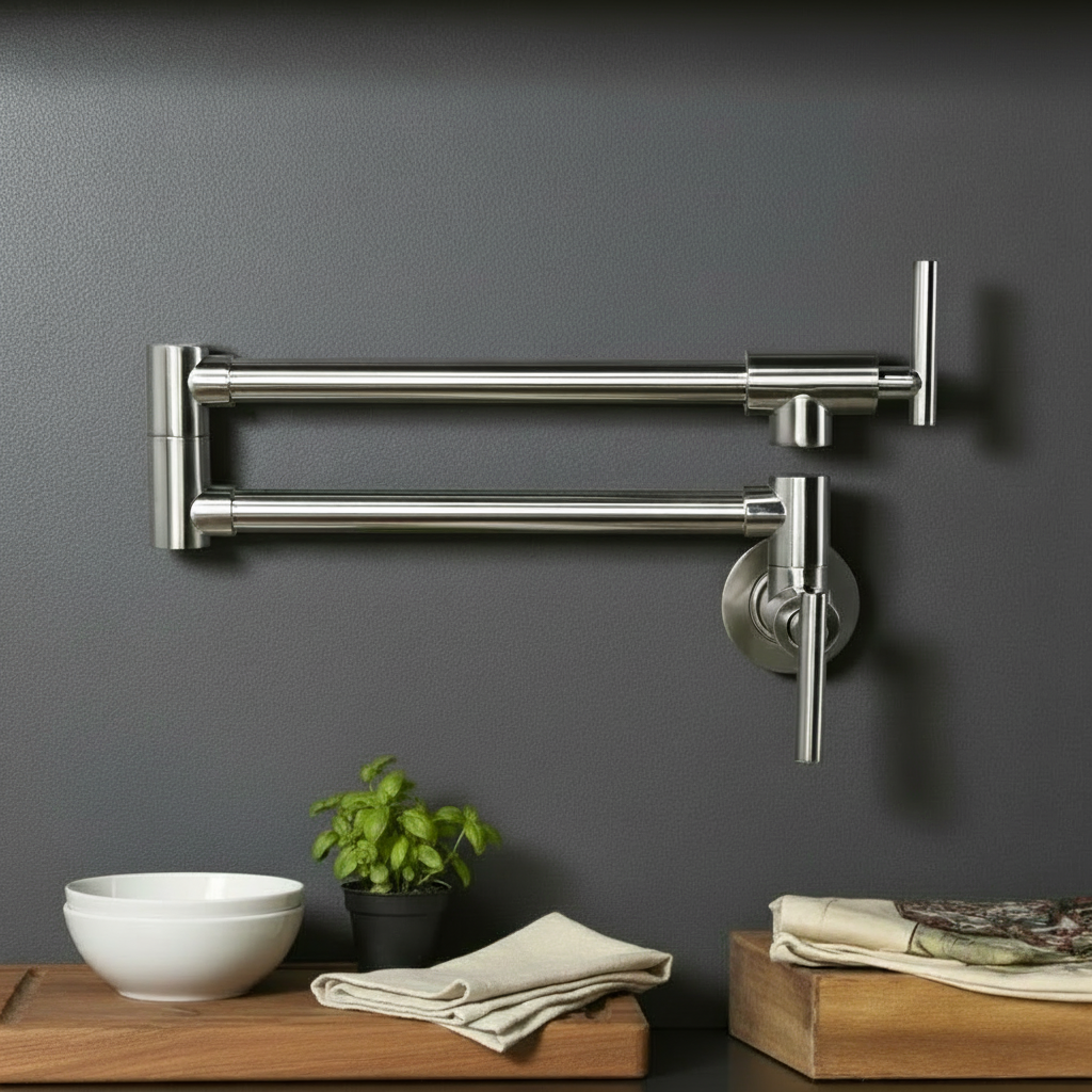 Modern Wall-Mounted Kitchen Faucet – Pull-Out Swivel Spout Minimalist Design