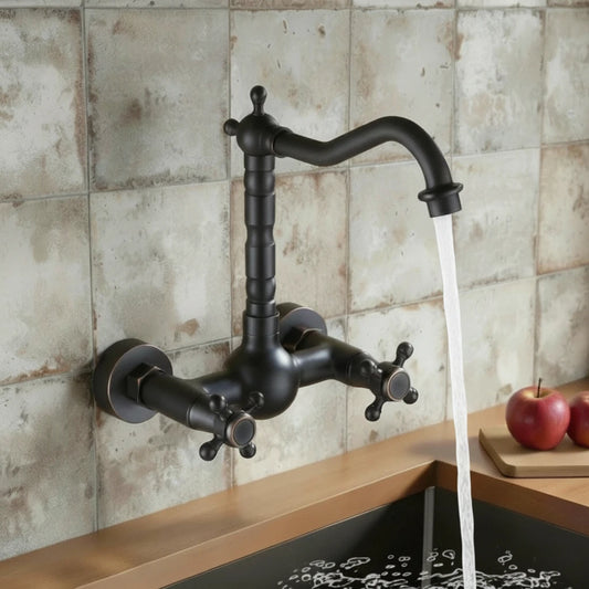 Wall-Mounted Black Bronze Kitchen Faucet – Single Handle Swivel Spout