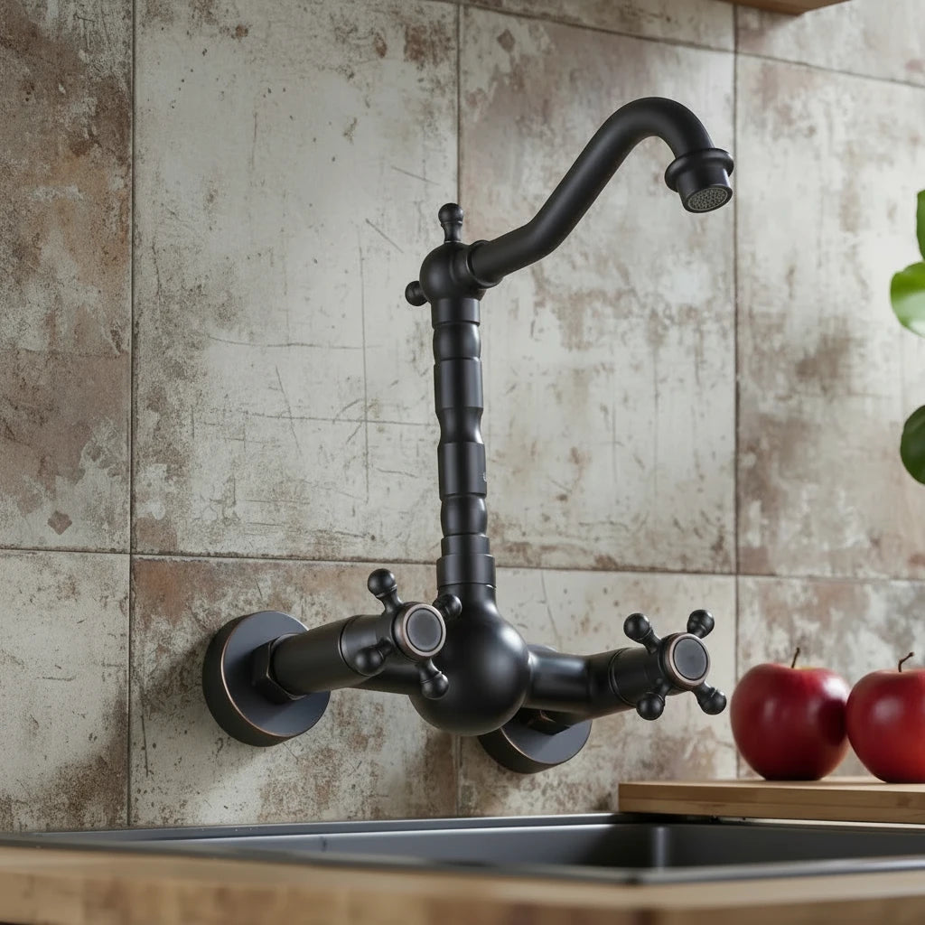Wall-Mounted Black Bronze Kitchen Faucet – Single Handle Swivel Spout