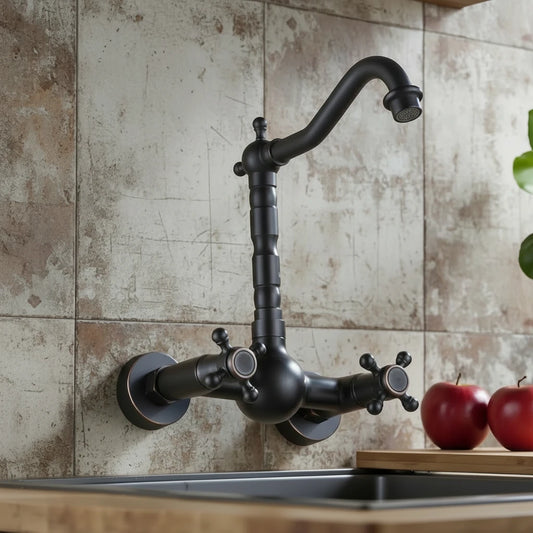 Wall-Mounted Black Bronze Kitchen Faucet – Single Handle Swivel Spout