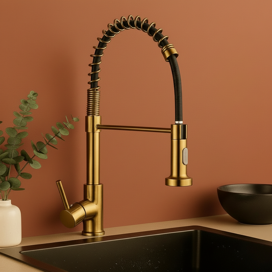 Brushed Gold Spring Kitchen Faucet – Pull-Down Sprayer