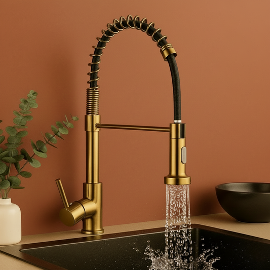 Brushed Gold Spring Kitchen Faucet – Pull-Down Sprayer
