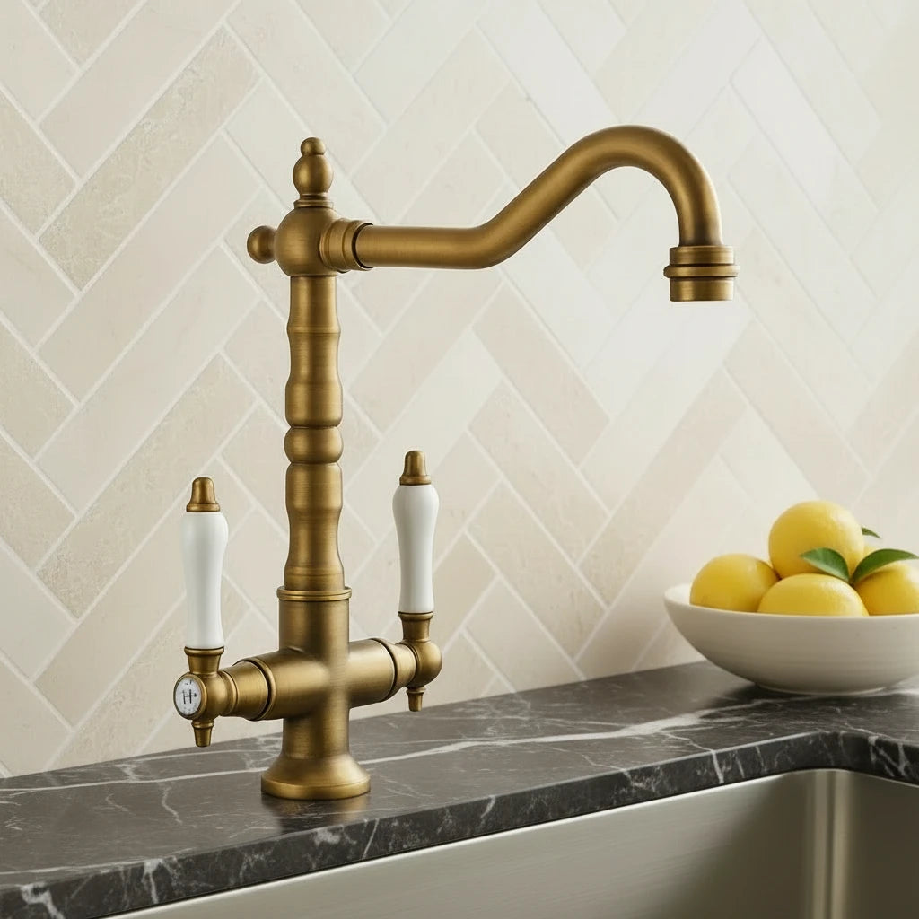 Antique Brass Dual-Handle Kitchen Faucet – Vintage Bridge Design