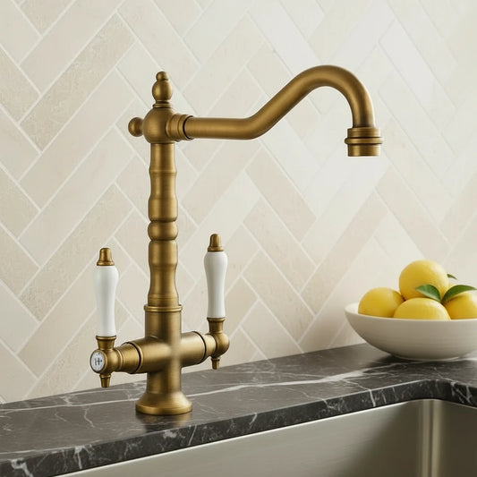 Antique Brass Dual-Handle Kitchen Faucet – Vintage Bridge Design