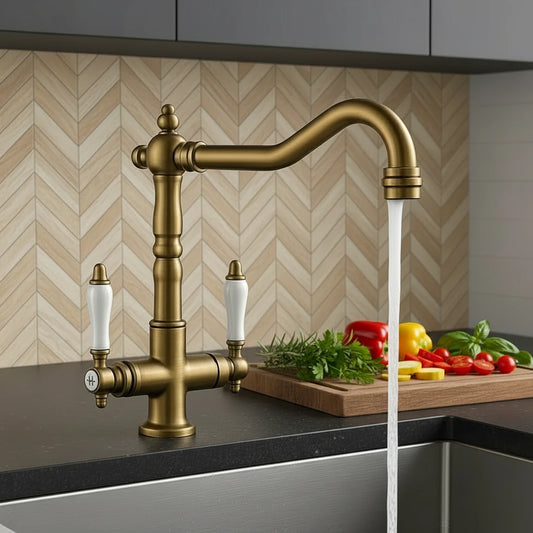 Antique Brass Dual-Handle Kitchen Faucet – Vintage Bridge Design