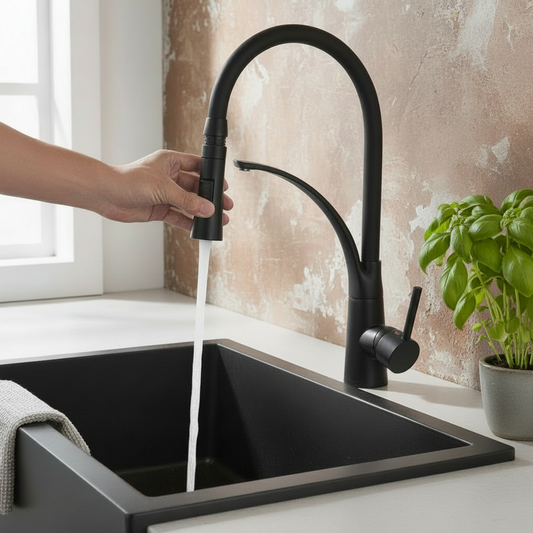 Matte Black Flexible Kitchen Faucet – Pull-Out High Arc Spring Design