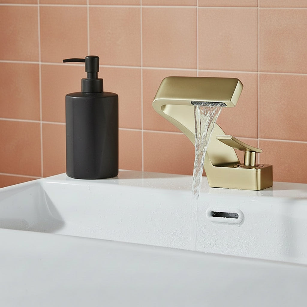 Modern Brushed Gold Waterfall Basin Faucet, Single Lever Brass Mixer