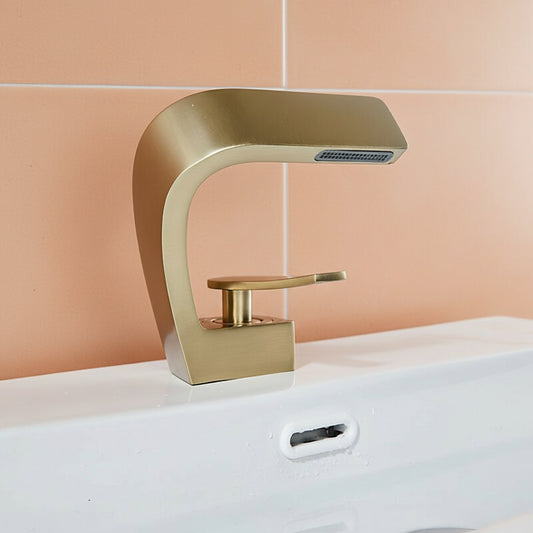 Modern Brushed Gold Waterfall Basin Faucet, Single Lever Brass Mixer