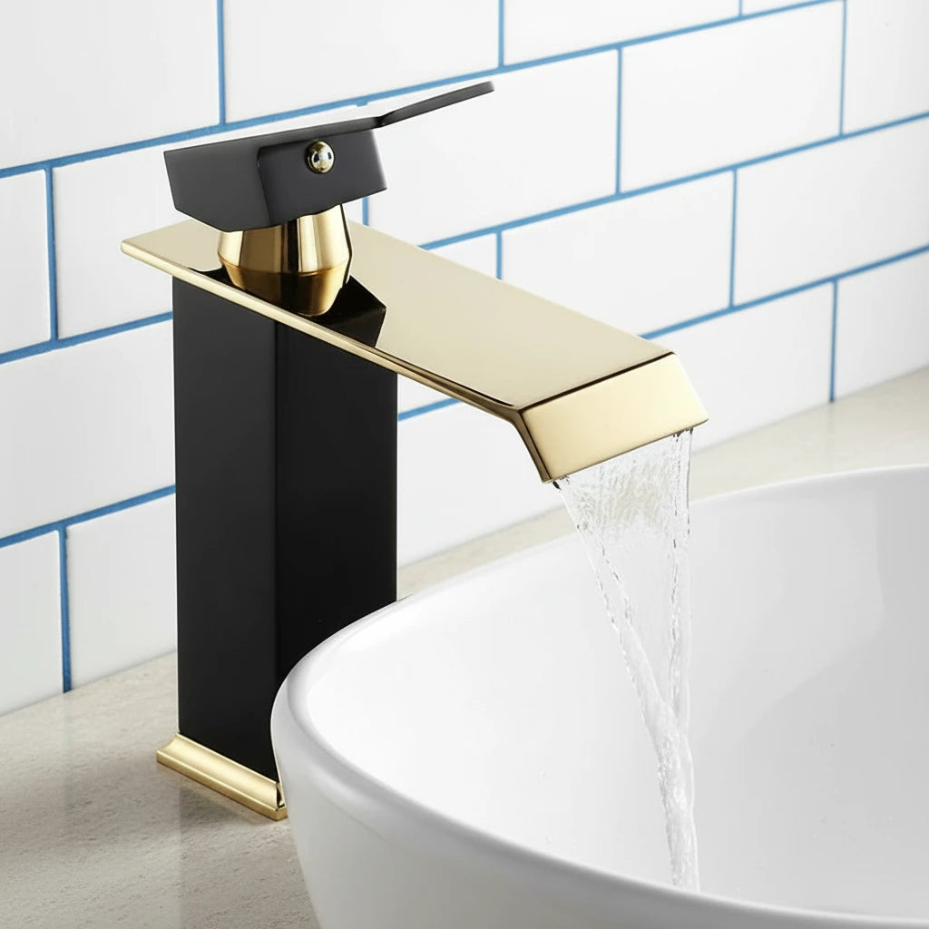 Single Hole Brass Basin Faucet in Matte Black with Gold Accents