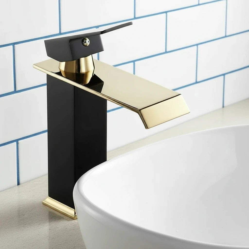 Single Hole Brass Basin Faucet in Matte Black with Gold Accents