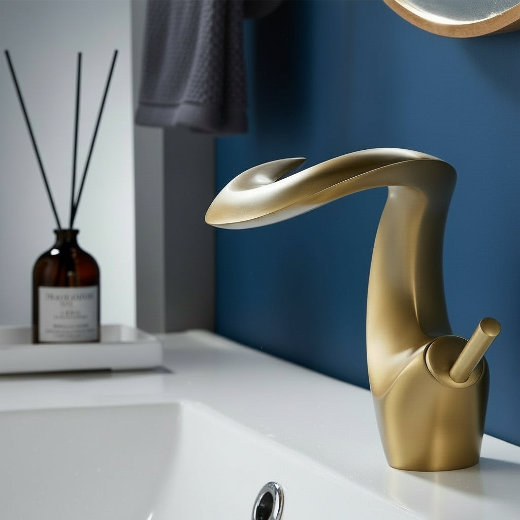 Brushed Gold Waterfall Bathroom Faucet, Single Handle Brass Mixer
